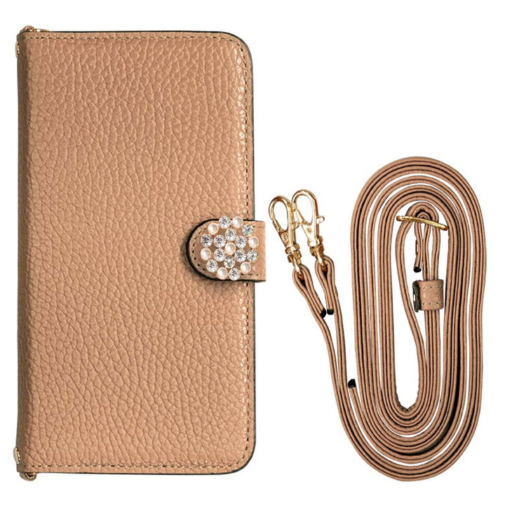 Cuir véritable 32 couleurs cuir italien grainé avec bandoulière, décoration perle cristal, étui portefeuille (avec ceinture)