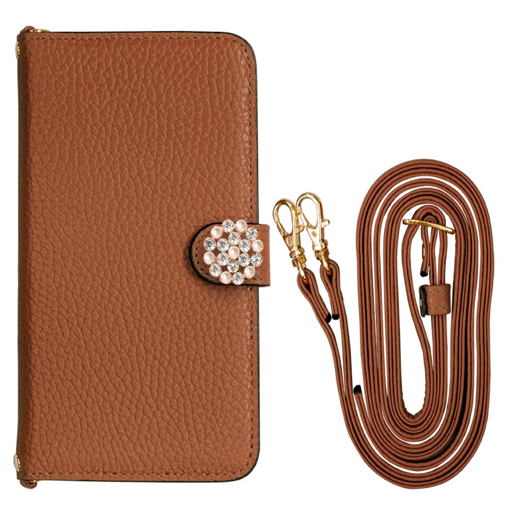 Genuine leather 32 colors Italian shrink leather with shoulder strap Crystal pearl decoration notebook-style case (with belt) AQUOS series