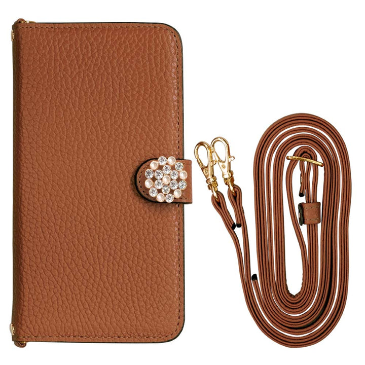 Genuine leather 32 colors Italian shrink leather with shoulder strap Crystal pearl decoration notebook-style case (with belt) AQUOS series