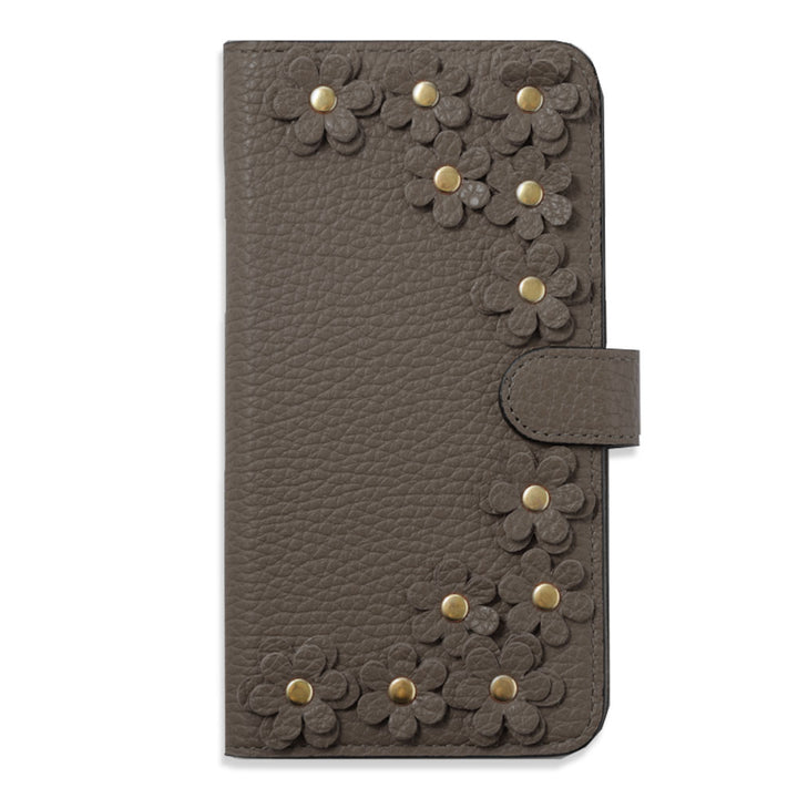 Genuine leather 32 colors Italian shrink leather flower motif notebook-style case (with belt)