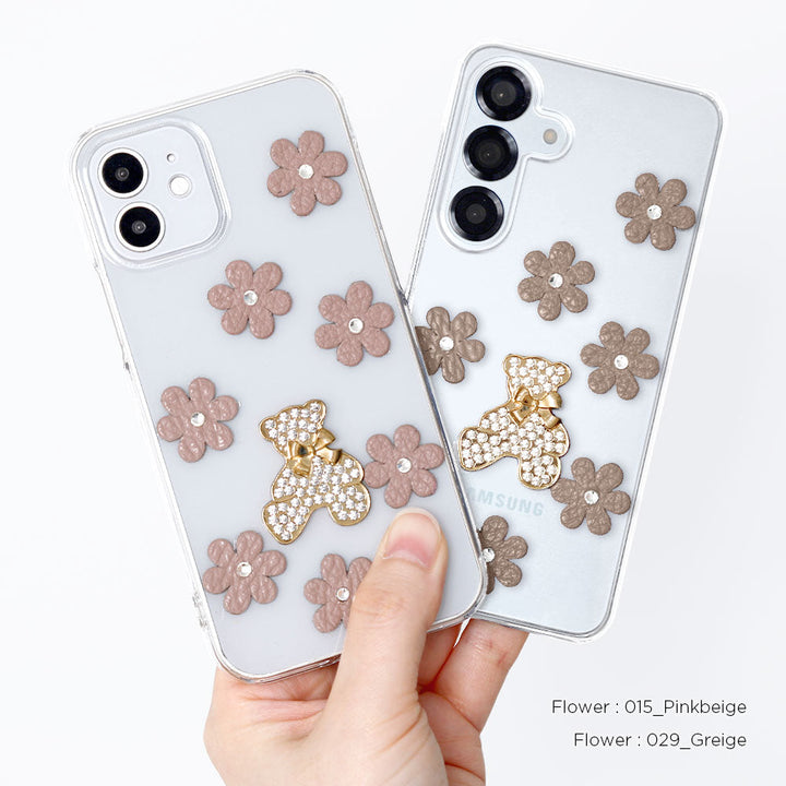 クリアケース 本革 32色 イタリアンシュリンクレザー フラワーベアデコ(ストーン) 背面ケース iPhoneシリーズ