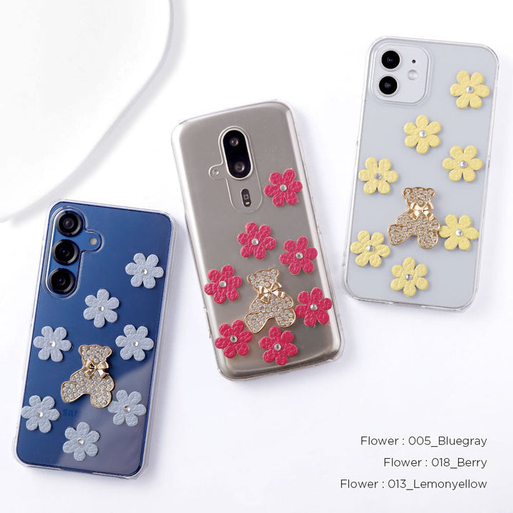 クリアケース 本革 32色 イタリアンシュリンクレザー フラワーベアデコ(ストーン) 背面ケース iPhoneシリーズ