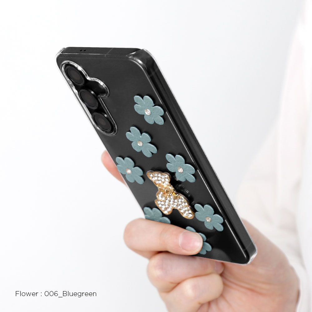 クリアケース 本革 32色 イタリアンシュリンクレザー フラワーベアデコ(ストーン) 背面ケース Galaxyシリーズ