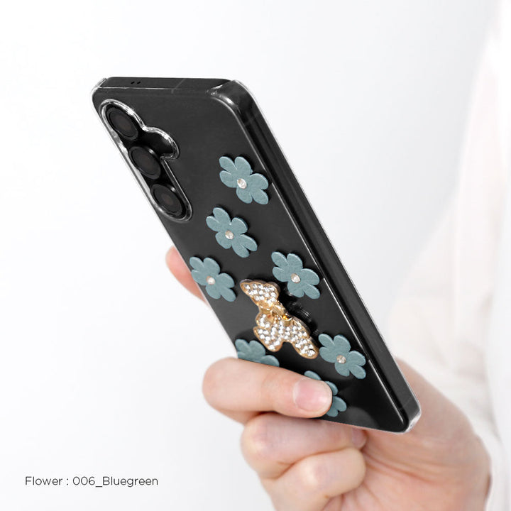 クリアケース 本革 32色 イタリアンシュリンクレザー フラワーベアデコ(ストーン) 背面ケース Galaxyシリーズ