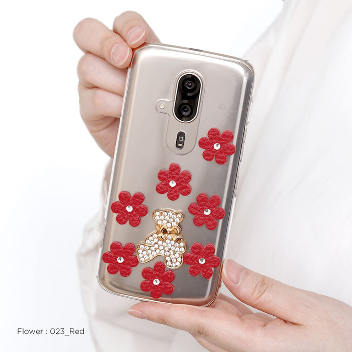 クリアケース 本革 32色 イタリアンシュリンクレザー フラワーベアデコ(ストーン) 背面ケース Xperiaシリーズ