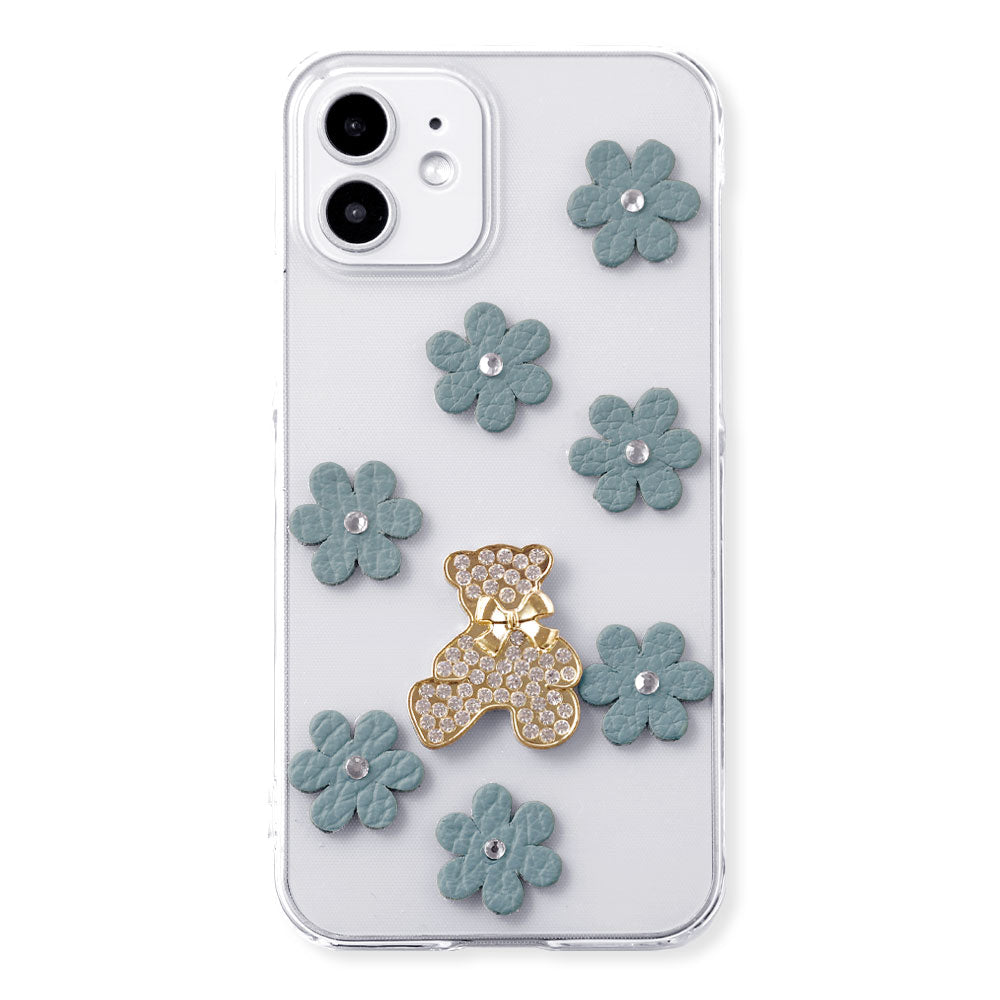 Clear Case Genuine Leather 32 Colors Italian Shrink Leather Flower Bear Deco (Stone) Back Case AQUOS Series