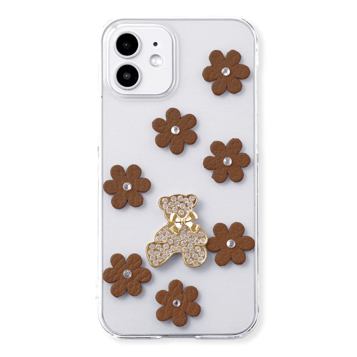 Clear Case Genuine Leather 32 Colors Italian Shrink Leather Flower Bear Deco (Stone) Back Case AQUOS Series