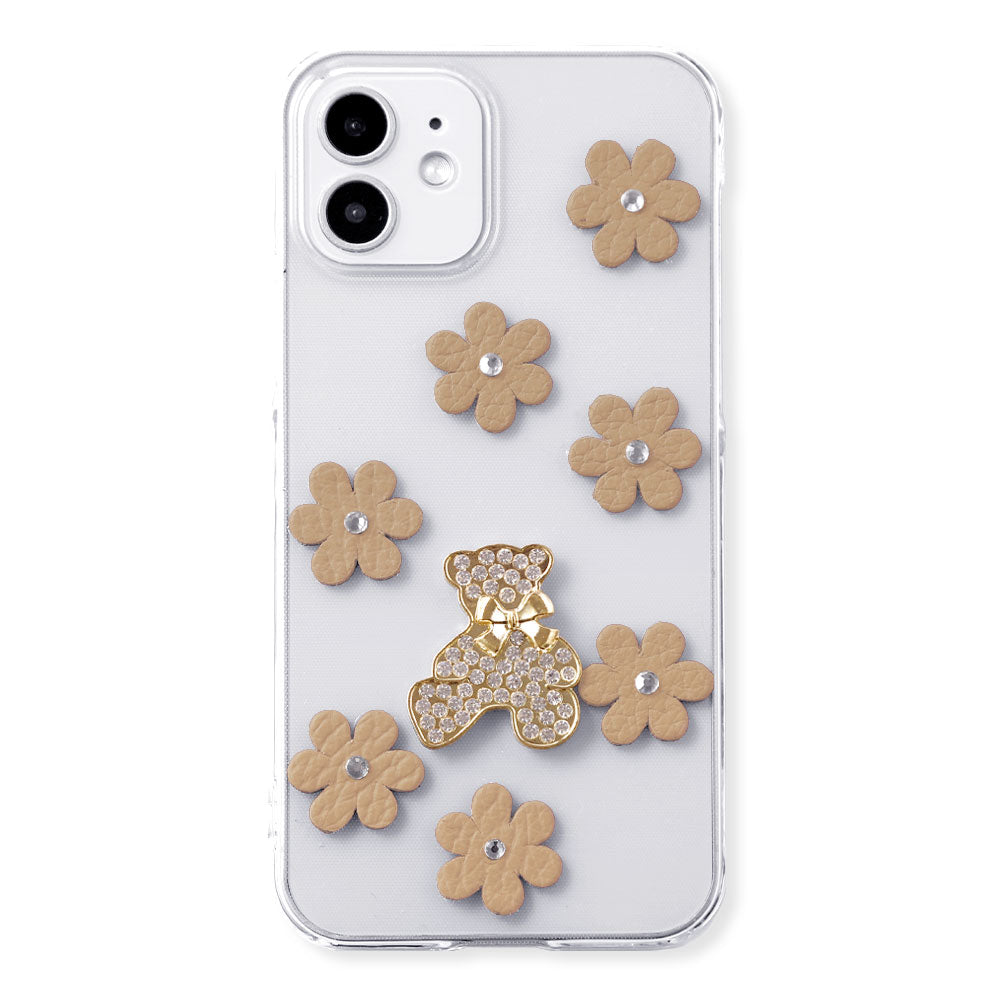 Clear Case Genuine Leather 32 Colors Italian Shrink Leather Flower Bear Deco (Stone) Back Case AQUOS Series