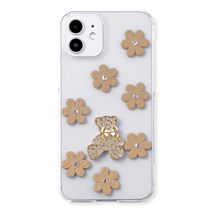 Clear Case Genuine Leather 32 Colors Italian Shrink Leather Flower Bear Deco (Stone) Back Case AQUOS Series