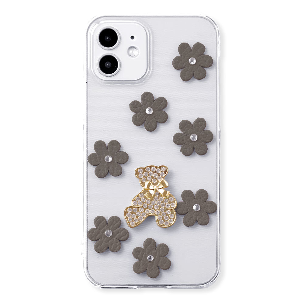 Clear Case Genuine Leather 32 Colors Italian Shrink Leather Flower Bear Deco (Stone) Back Case AQUOS Series
