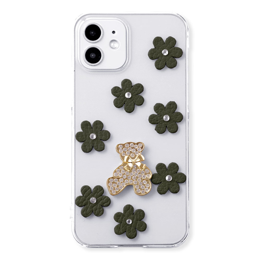 Clear Case Genuine Leather 32 Colors Italian Shrink Leather Flower Bear Deco (Stone) Back Case AQUOS Series