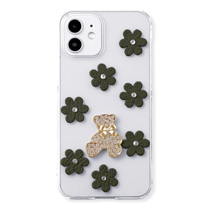 Clear Case Genuine Leather 32 Colors Italian Shrink Leather Flower Bear Deco (Stone) Back Case AQUOS Series