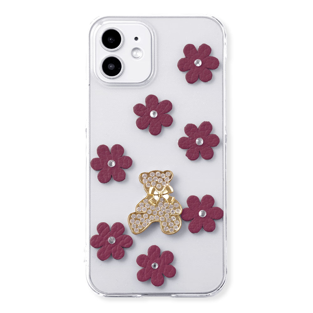 Clear Case Genuine Leather 32 Colors Italian Shrink Leather Flower Bear Deco (Stone) Back Case AQUOS Series