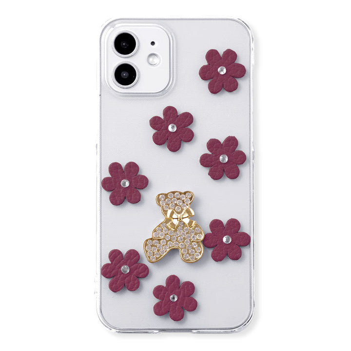 Clear Case Genuine Leather 32 Colors Italian Shrink Leather Flower Bear Deco (Stone) Back Case AQUOS Series