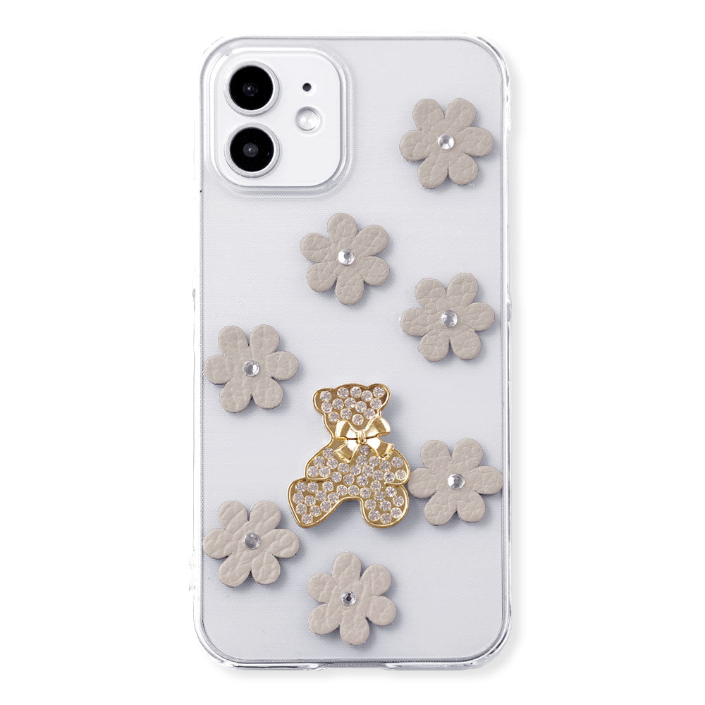 Clear Case Genuine Leather 32 Colors Italian Shrink Leather Flower Bear Deco (Stone) Back Case AQUOS Series