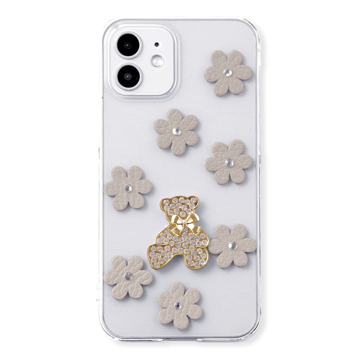 Clear Case Genuine Leather 32 Colors Italian Shrink Leather Flower Bear Deco (Stone) Back Case AQUOS Series