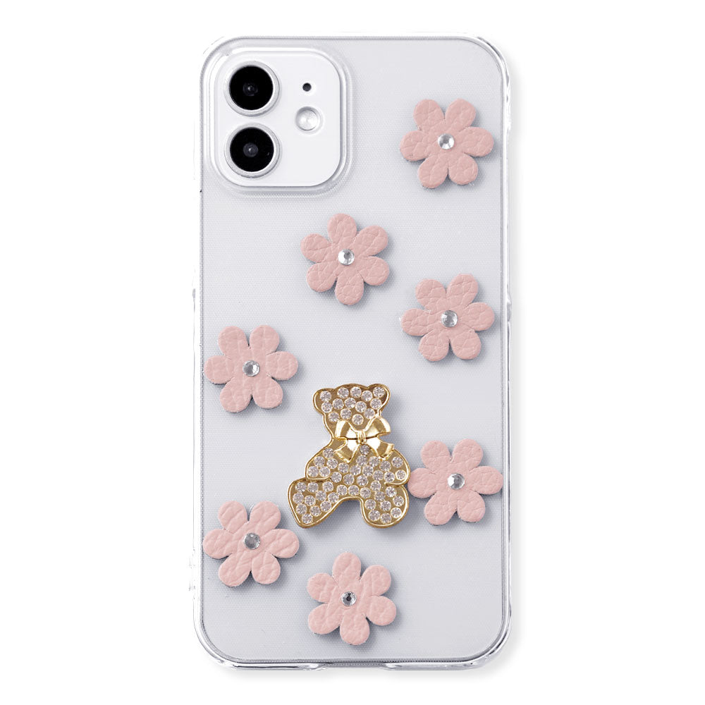 Clear Case Genuine Leather 32 Colors Italian Shrink Leather Flower Bear Deco (Stone) Back Case AQUOS Series