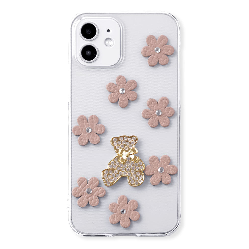 Clear Case Genuine Leather 32 Colors Italian Shrink Leather Flower Bear Deco (Stone) Back Case AQUOS Series