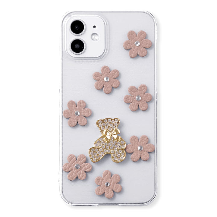 Clear Case Genuine Leather 32 Colors Italian Shrink Leather Flower Bear Deco (Stone) Back Case AQUOS Series