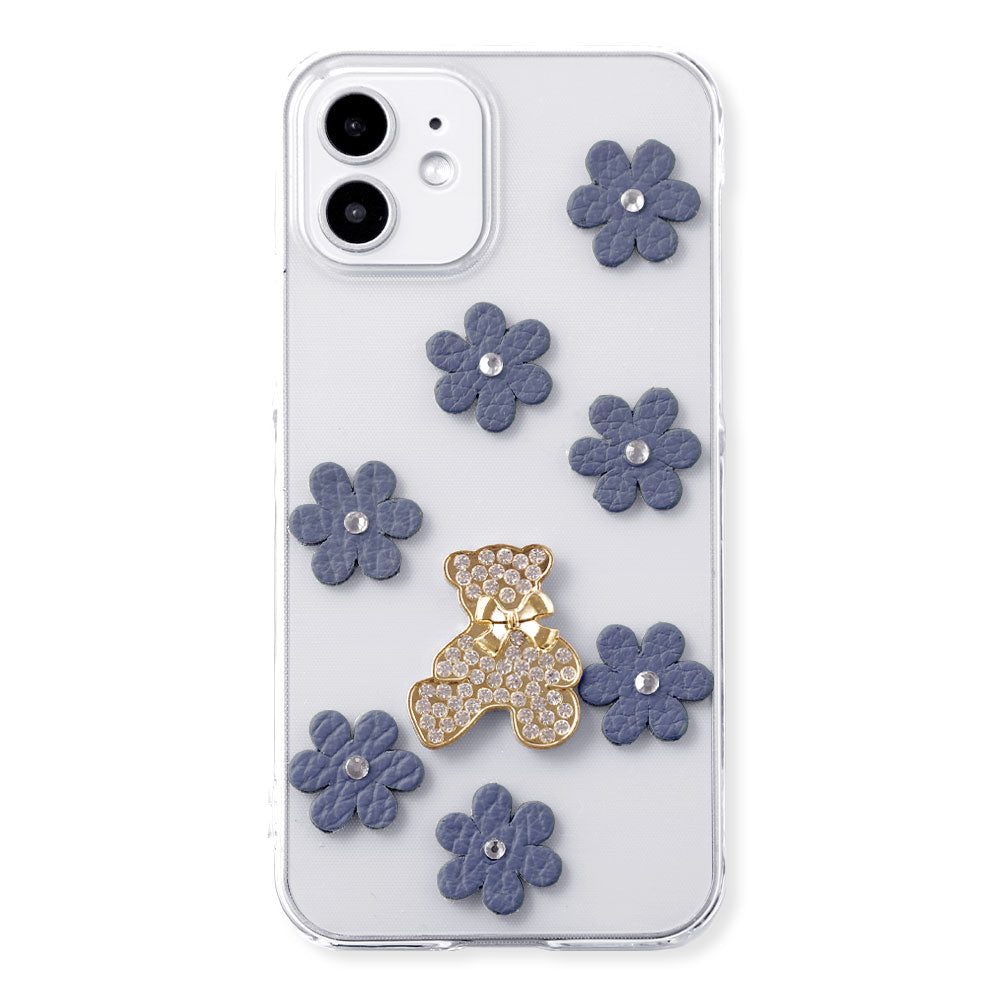 Clear Case Genuine Leather 32 Colors Italian Shrink Leather Flower Bear Deco (Stone) Back Case AQUOS Series