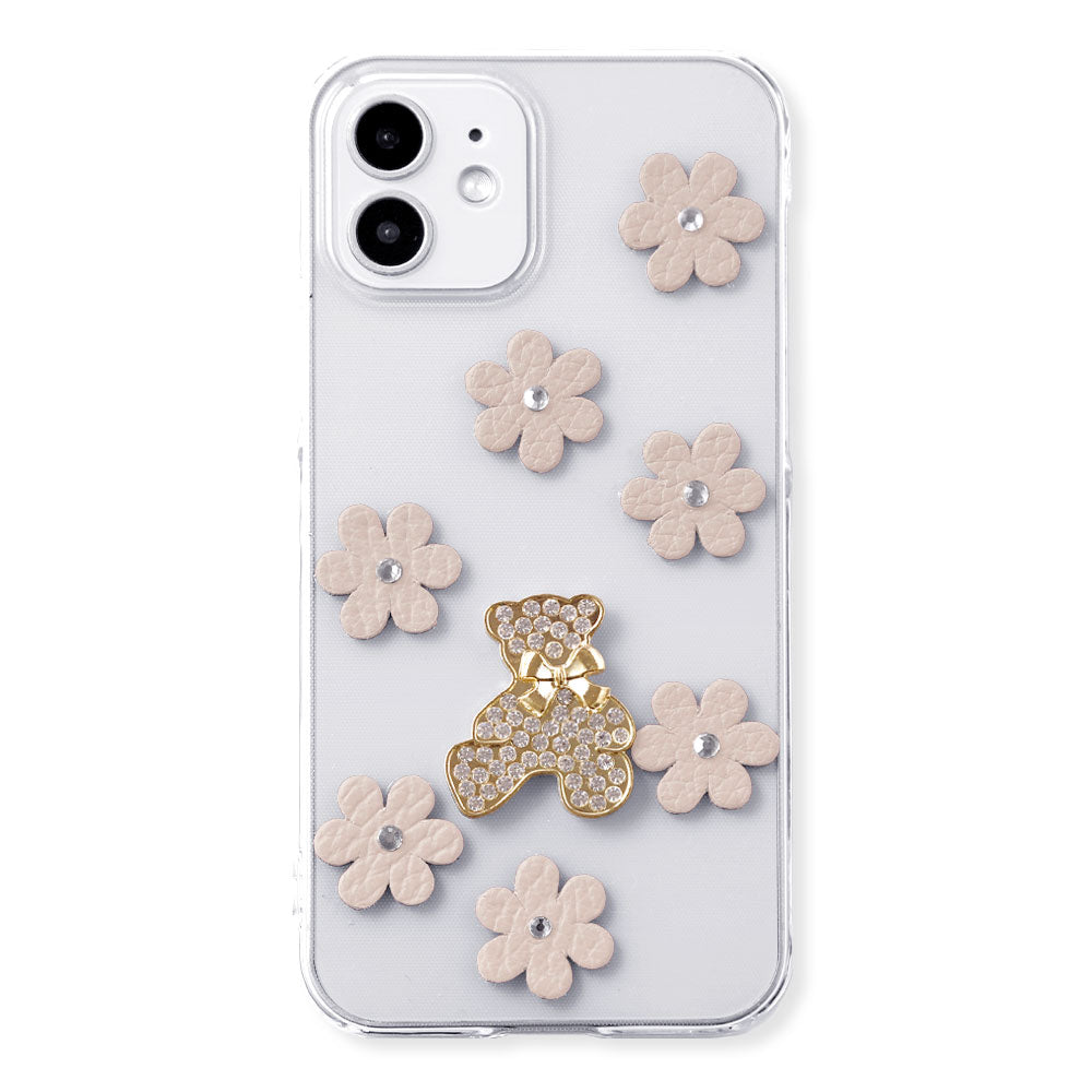 Clear Case Genuine Leather 32 Colors Italian Shrink Leather Flower Bear Deco (Stone) Back Case AQUOS Series