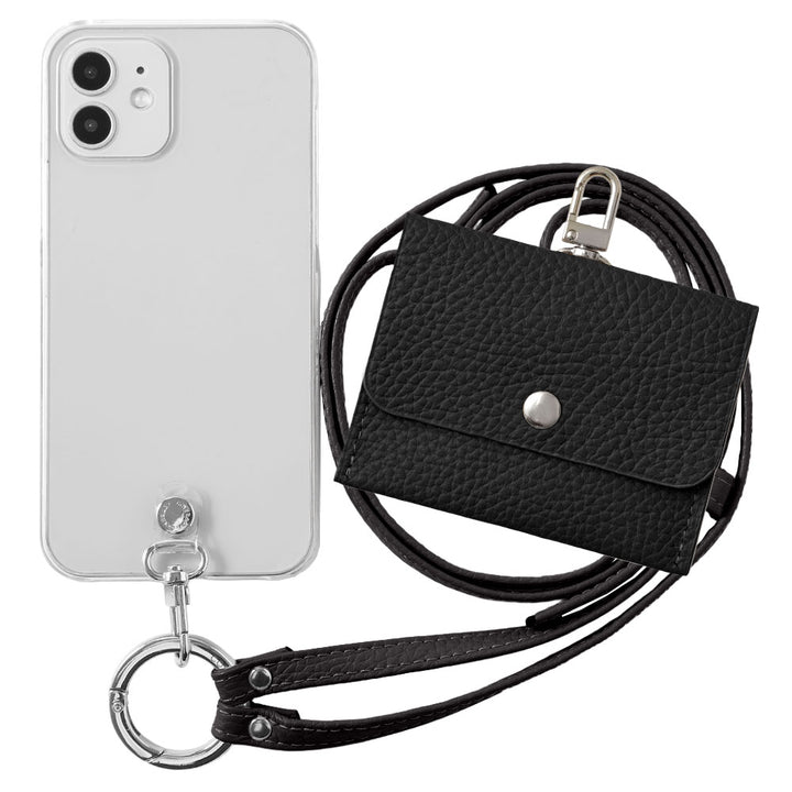 Étui transparent en cuir véritable avec étui pour écouteurs et sangle d&