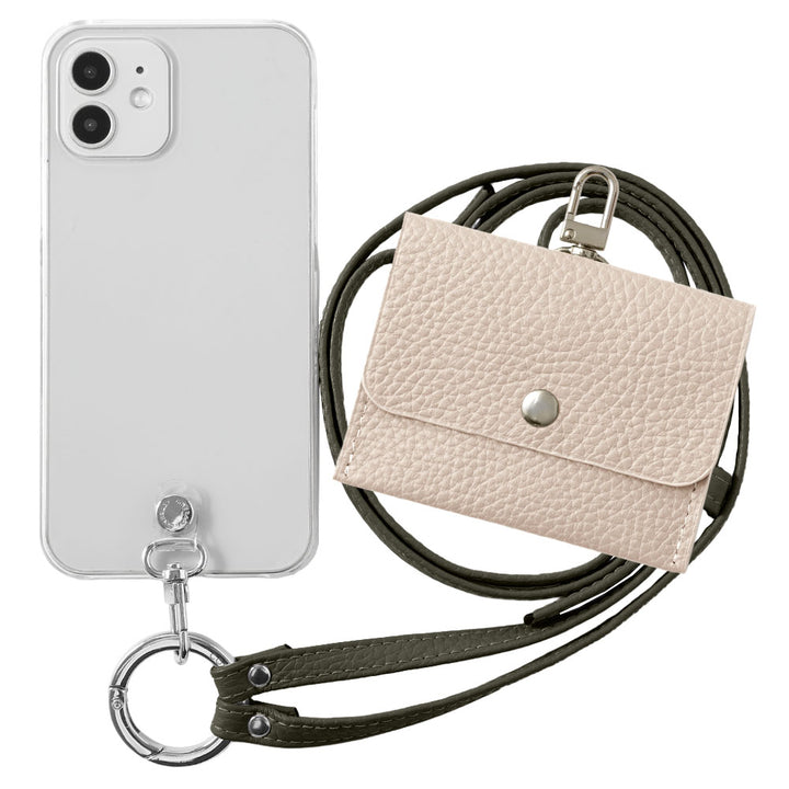 Étui transparent en cuir véritable avec étui pour écouteurs et sangle d&