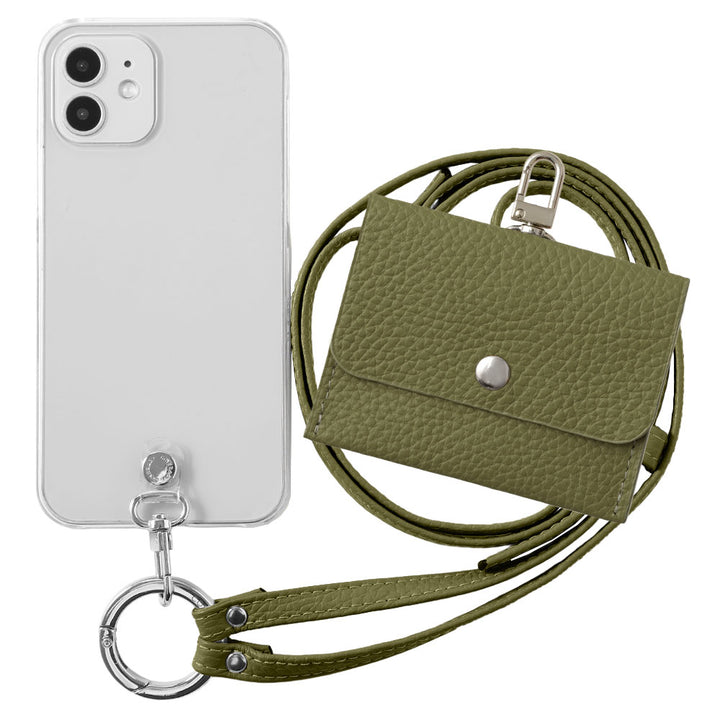 Étui transparent en cuir véritable avec étui pour écouteurs et sangle d&