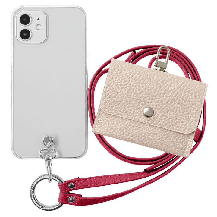 Étui transparent en cuir véritable avec étui pour écouteurs et sangle d&