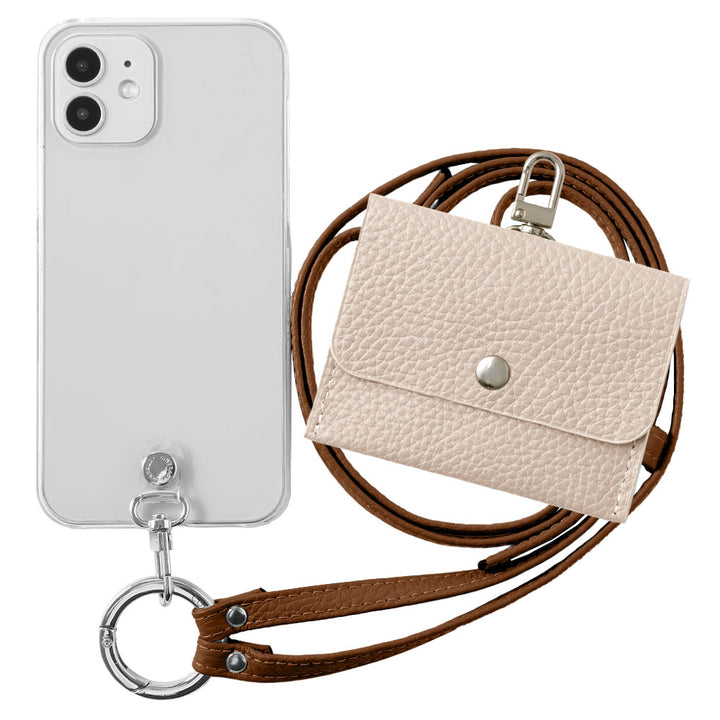 Étui transparent en cuir véritable avec étui pour écouteurs et sangle d&