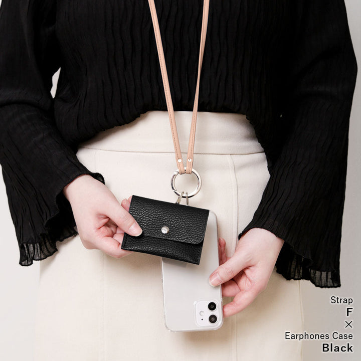 Étui transparent en cuir véritable avec étui pour écouteurs et sangle d'épaule à anneau (réglage des ferrures disponible) pour la série iPhone