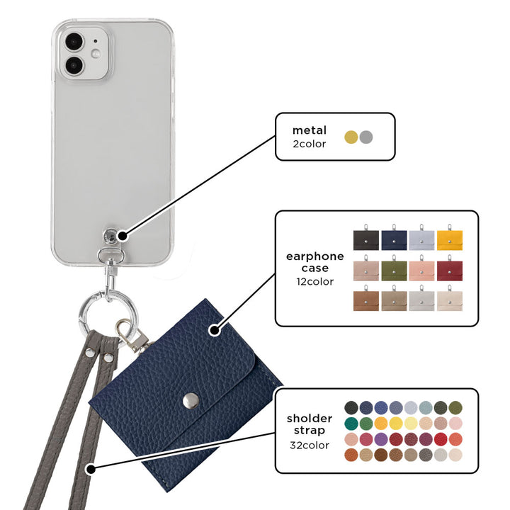 Étui transparent en cuir véritable avec étui pour écouteurs et sangle d&