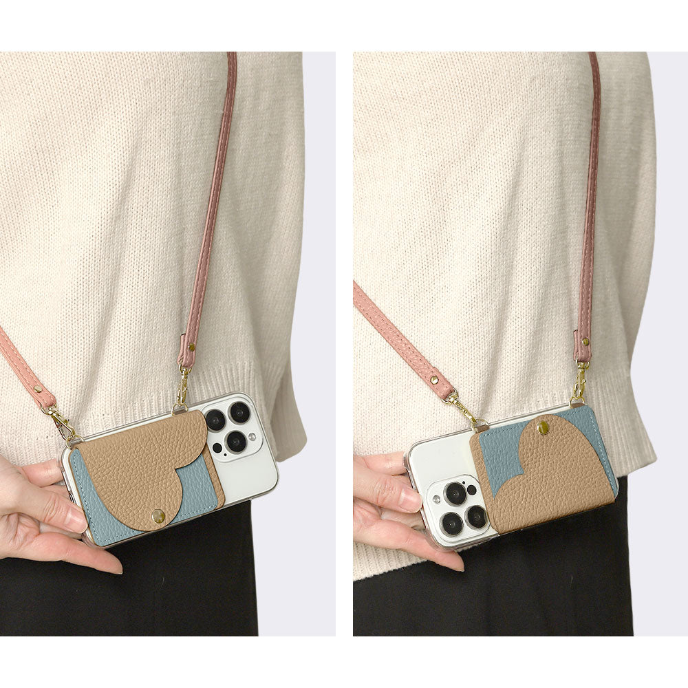 Clear Case Genuine Leather 32 Colors Italian Shrink Leather Heart Mirror Card Case with Shoulder Strap Rear Case for Xperia Series