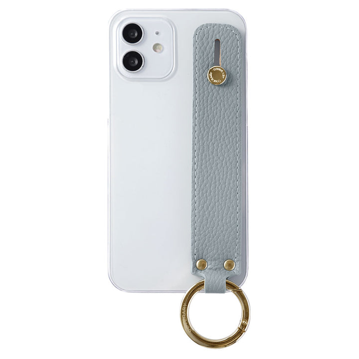 Clear case with textured finish, smoky color, with hand belt, back case