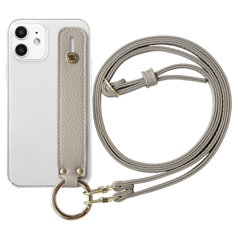 Étui transparent en cuir végan grainé couleur poussiéreuse avec poignée et bandoulière pour la série Xperia