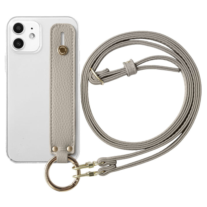 Étui transparent en cuir végan grainé couleur poussiéreuse avec poignée et bandoulière pour la série Xperia