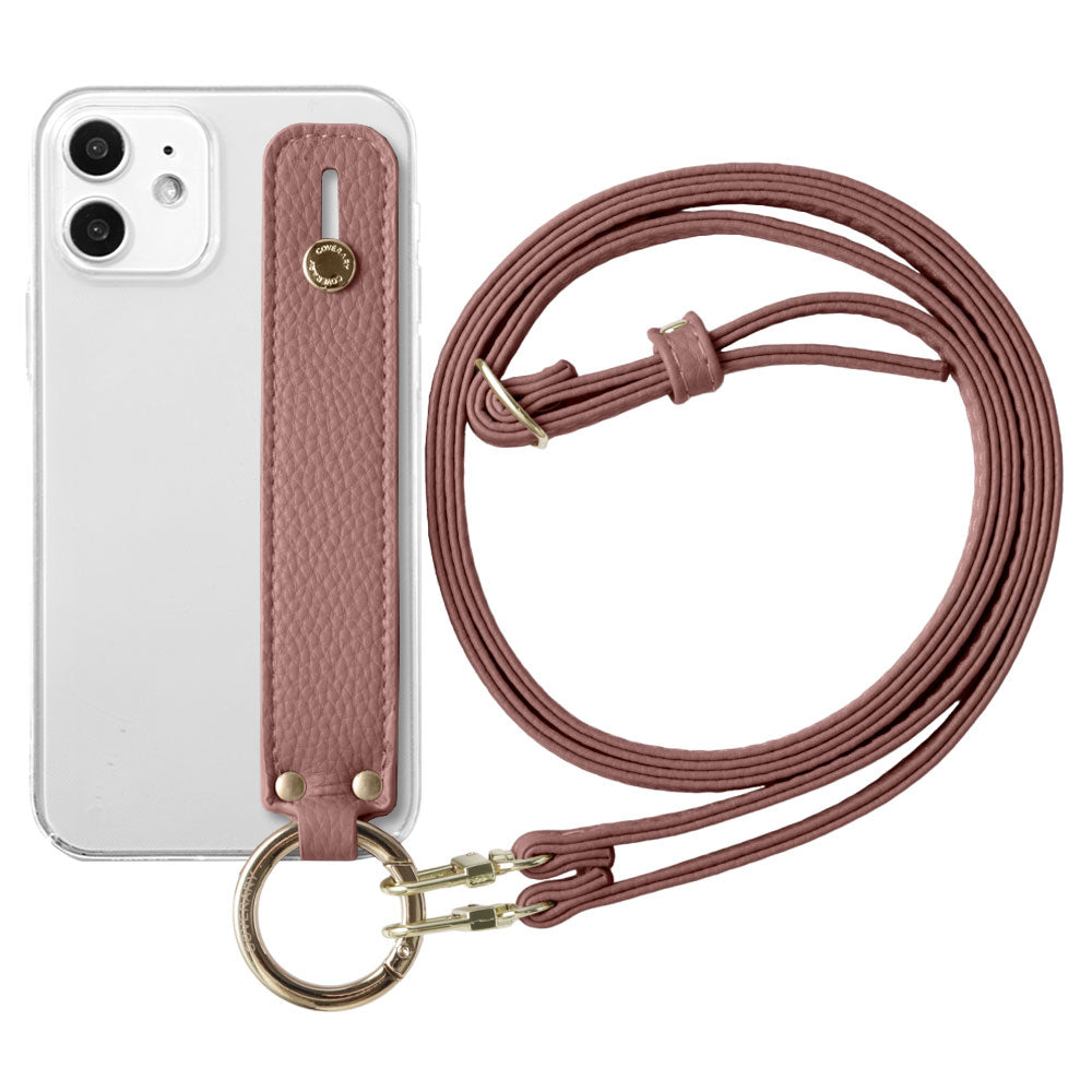 Étui transparent en cuir végan grainé couleur poussiéreuse avec poignée et bandoulière pour la série Xperia