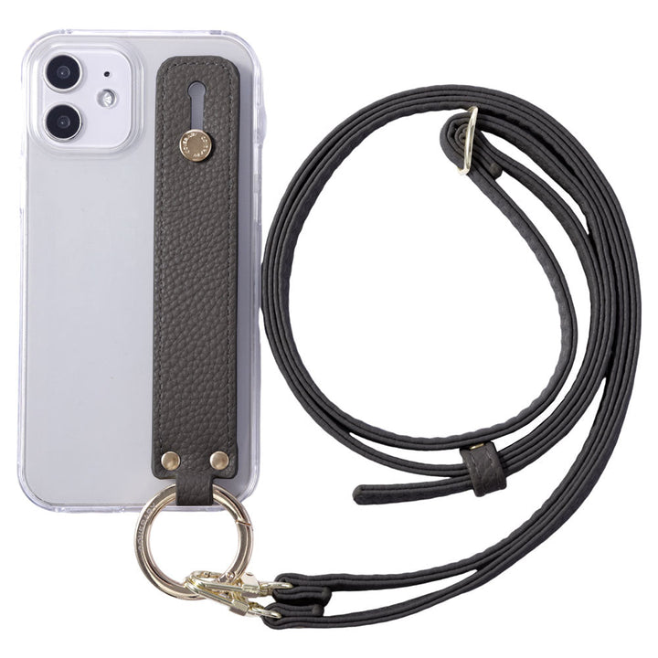 クリアケース ヴィーガンレザー シボ加工 ハンドベルト&ショルダーストラップ付き 背面ケース iPhoneシリーズ