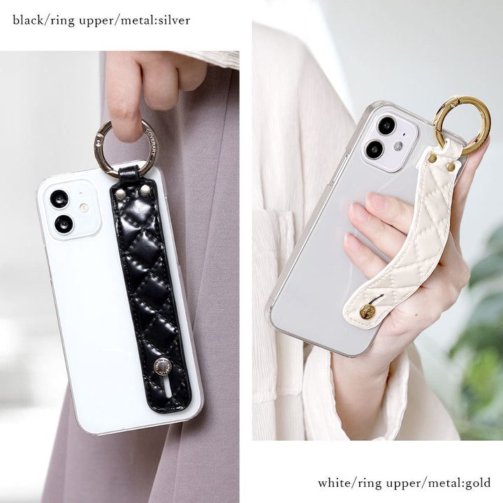 Clear case vegan leather quilted with hand belt back case Galaxy series