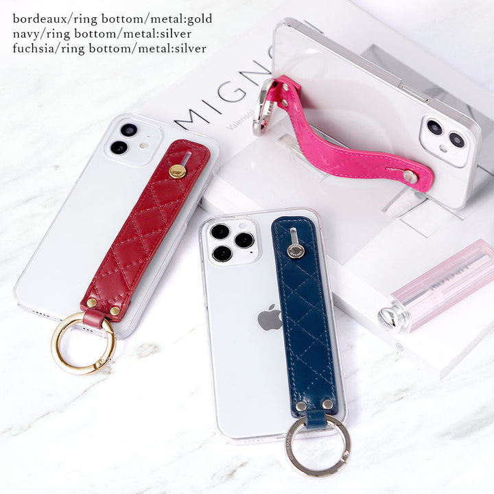 Coque transparente en cuir végan matelassé avec poignée à main, coque arrière pour la série iPhone