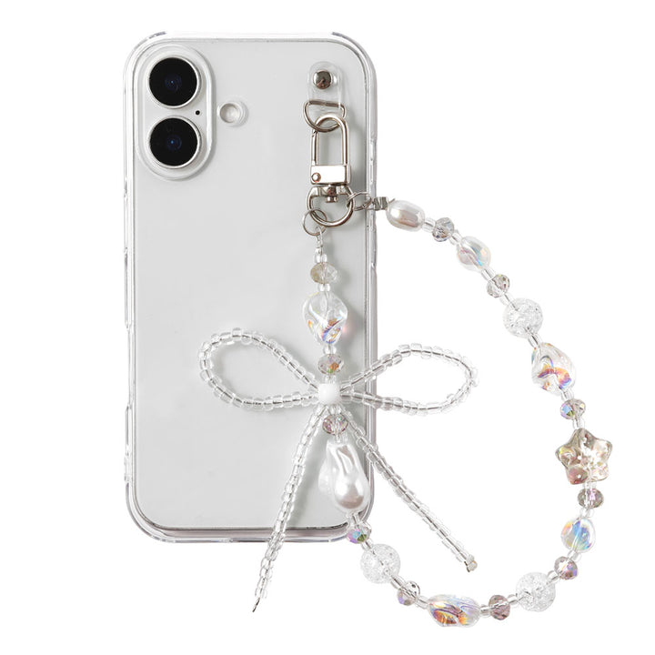 Coque transparente avec breloque perles en forme de ruban, coque arrière