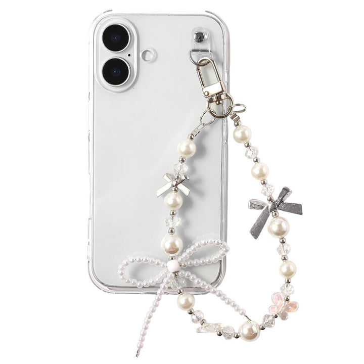 Coque transparente avec breloque perles en forme de ruban, coque arrière