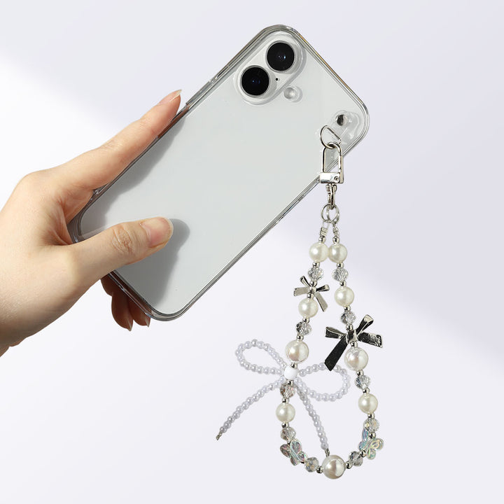 Coque transparente avec breloque perles en forme de ruban, coque arrière