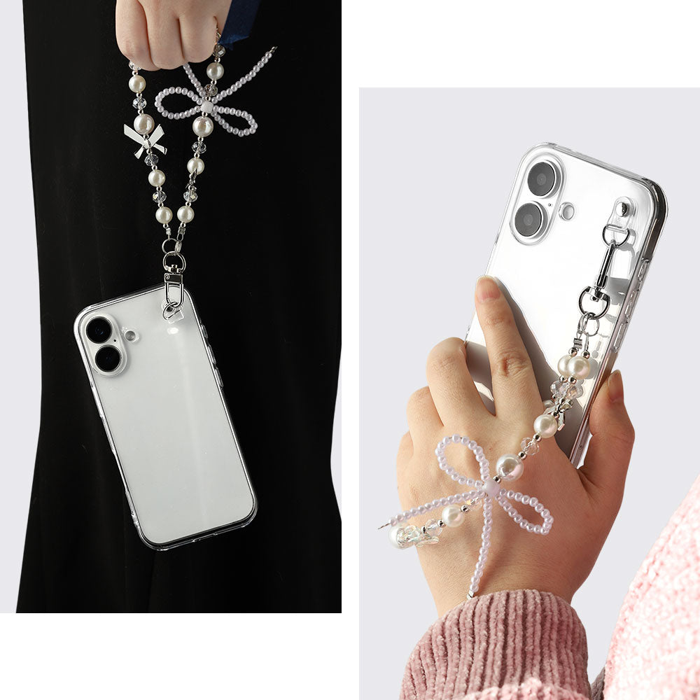 Coque transparente avec breloque perles en forme de ruban, coque arrière