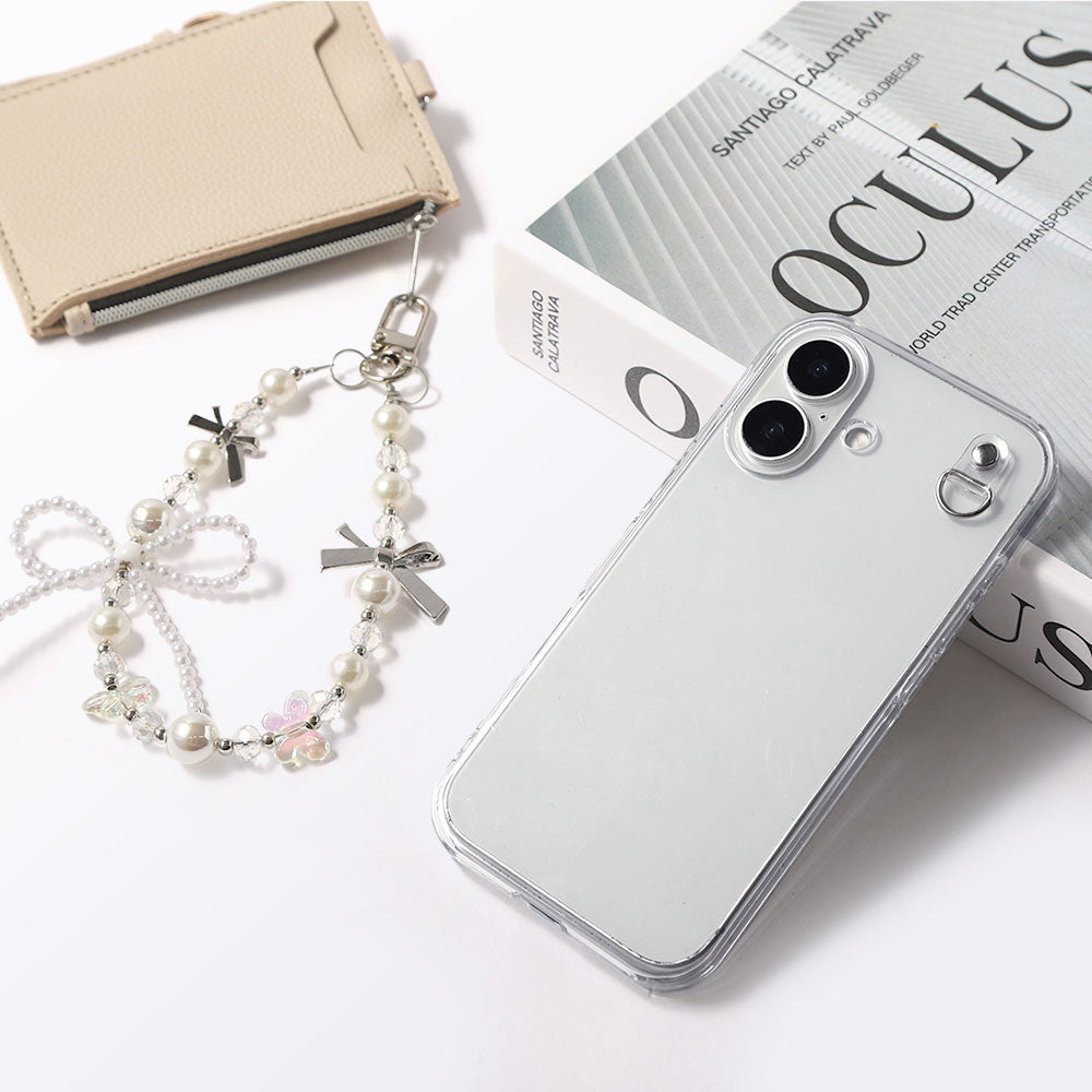 Coque transparente avec breloque perles en forme de ruban, coque arrière