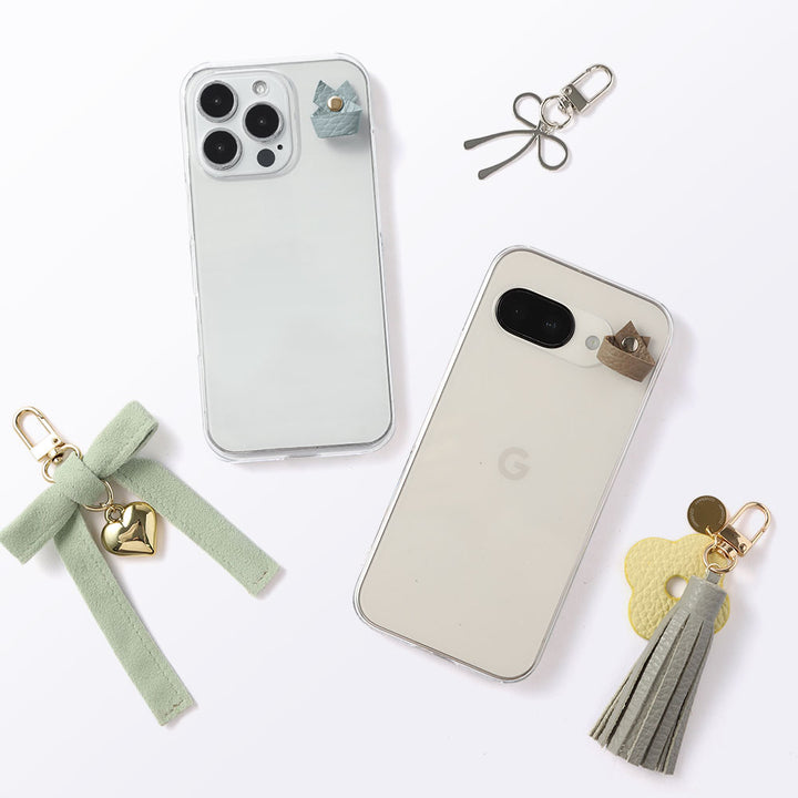 Étui transparent en cuir véritable 32 couleurs cuir italien grainé avec porte-charm simple arrière