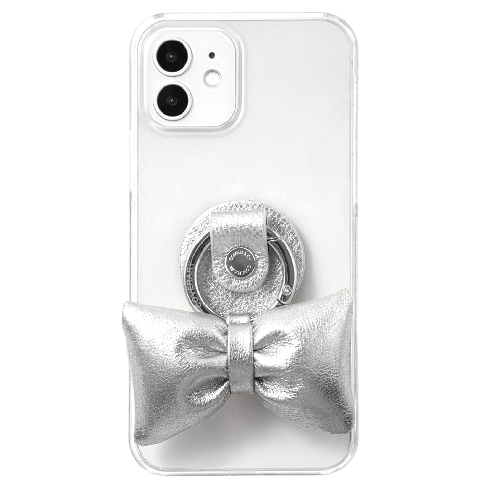 Clear case genuine leather foil leather padded ribbon smartphone ring attached back case