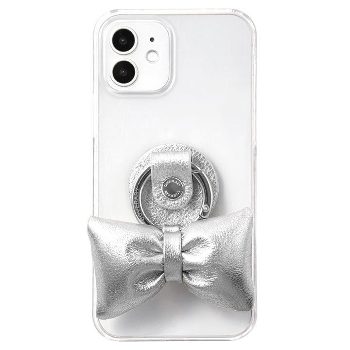 Clear case genuine leather foil leather padded ribbon smartphone ring attached back case