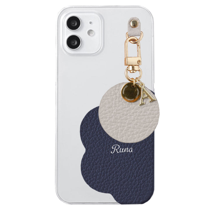 クリアケース 本革 32色 イタリアンシュリンクレザー プリントネーム モチーフイニシャルチャーム 背面ケース iPhoneシリーズ