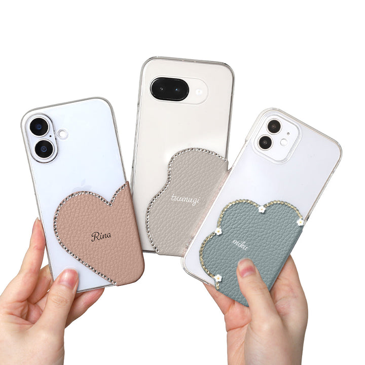 Coque transparente en cuir véritable 32 couleurs cuir italien grainé découpe motif cuir nom imprimé décoration pierre coque arrière série iPhone